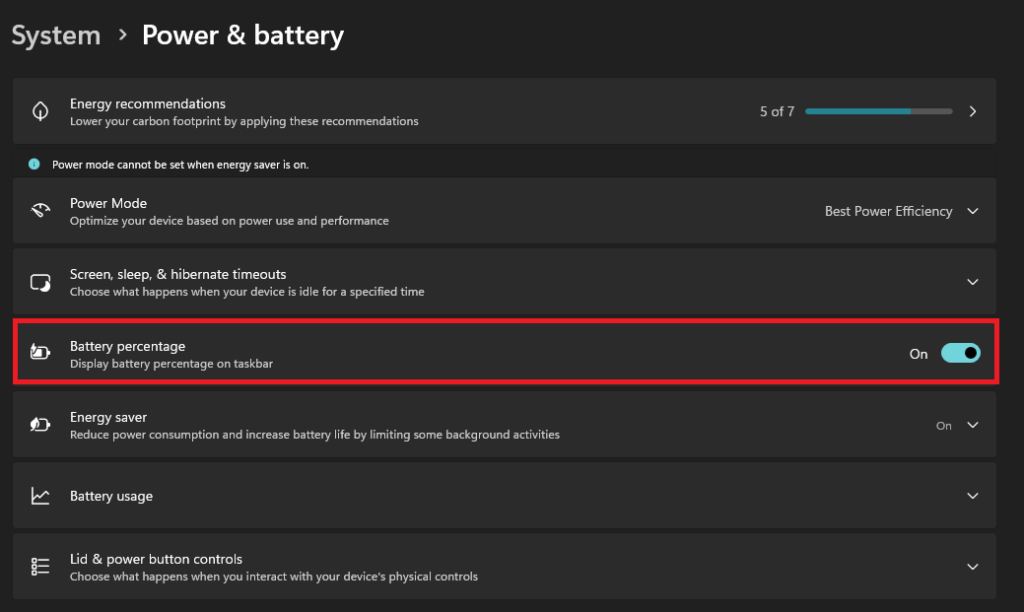 تفعيل نسبة البطارية 