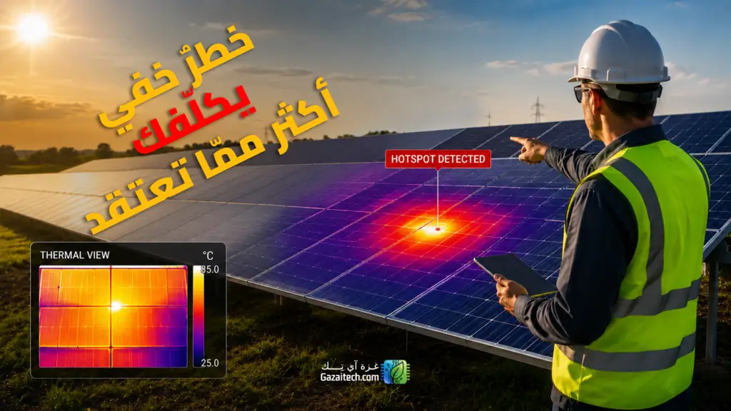 نقطة ساخنة Hotspot داخل لوح شمسي تم اكتشافها باستخدام التصوير الحراري في نظام طاقة شمسية
